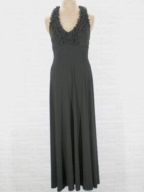 ONYX NITE Dress Ruffle Neckline Formal Fitted Stretch Sexy Gown Cocktail Black 6